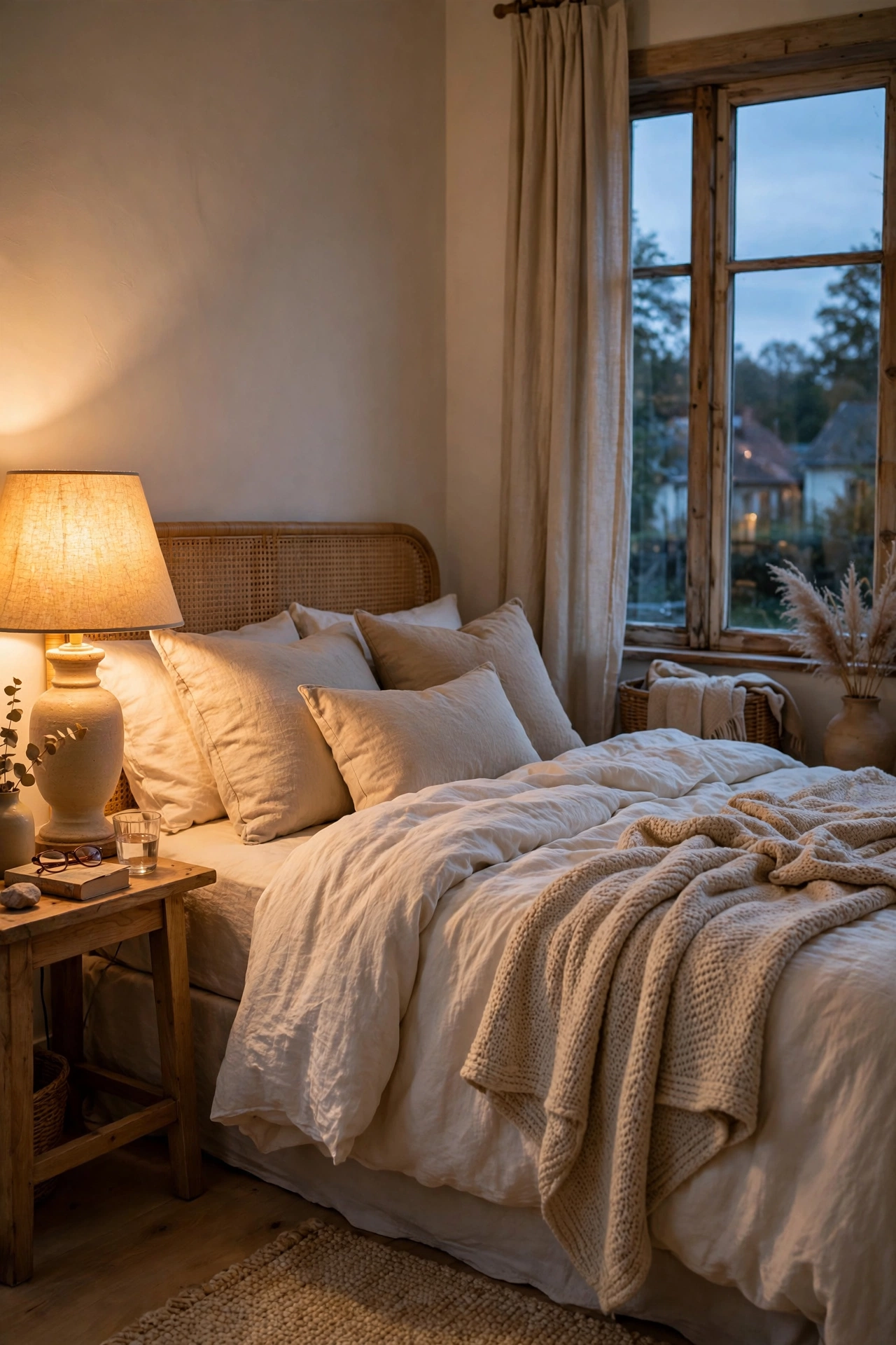 Bed dressed in warm white bedding with beige pillows