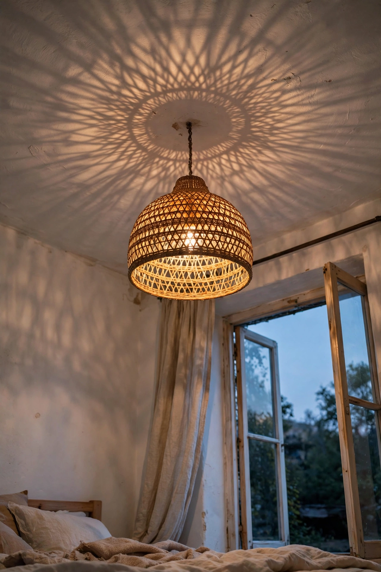 Rattan pendant light shade on a bedroom ceiling fixture