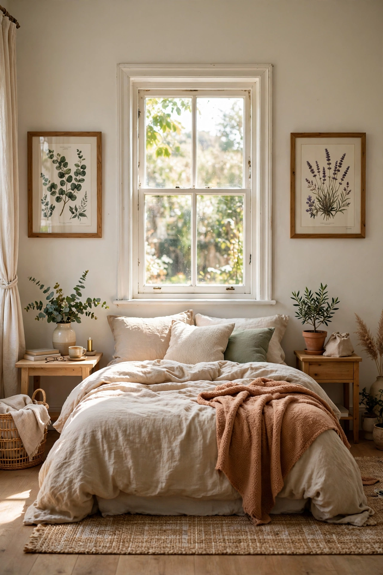 Pair of framed botanical prints flanking a bedroom window
