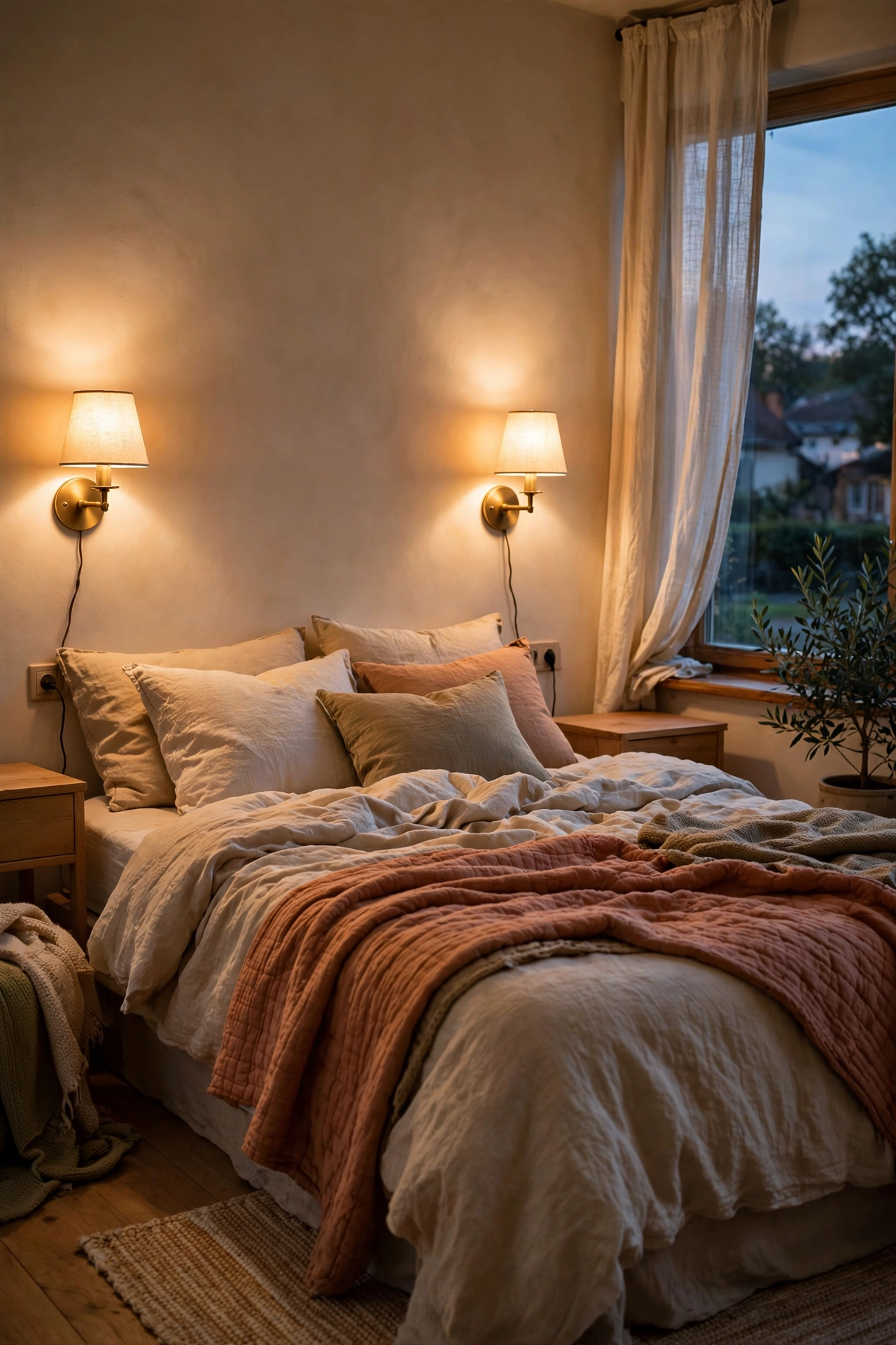 Plug-in wall sconces mounted beside a bed with hidden cords