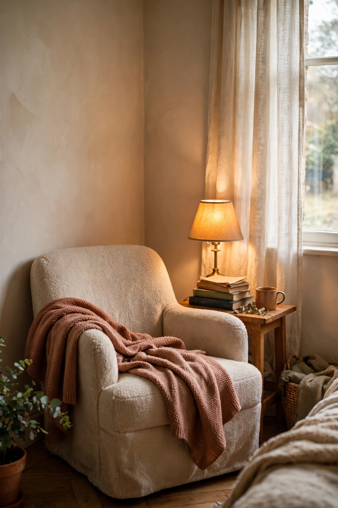 Small accent chair with a throw in a bedroom reading corner