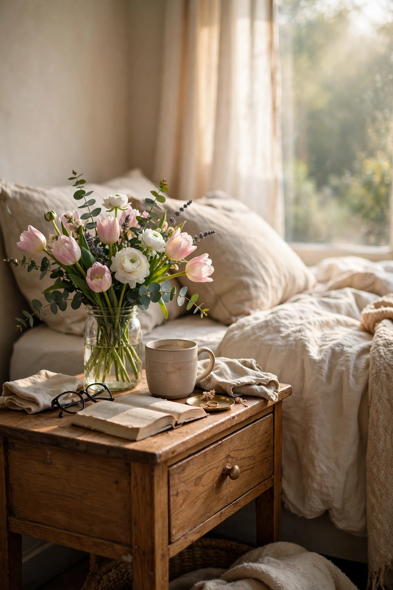 Small fresh flower bouquet in a jar on a nightstand