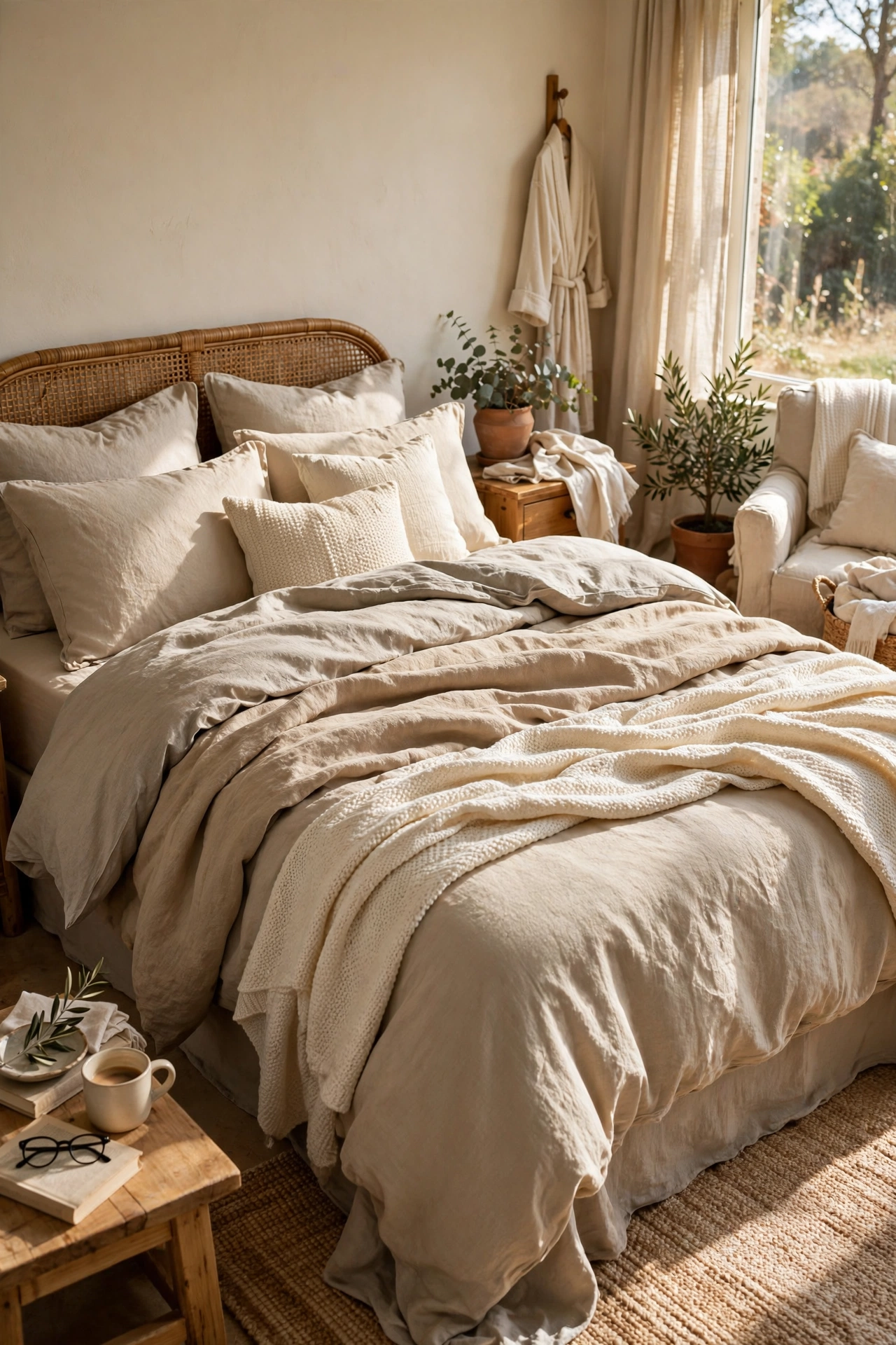 Bed layered with oatmeal, sand and cream beige bedding tones