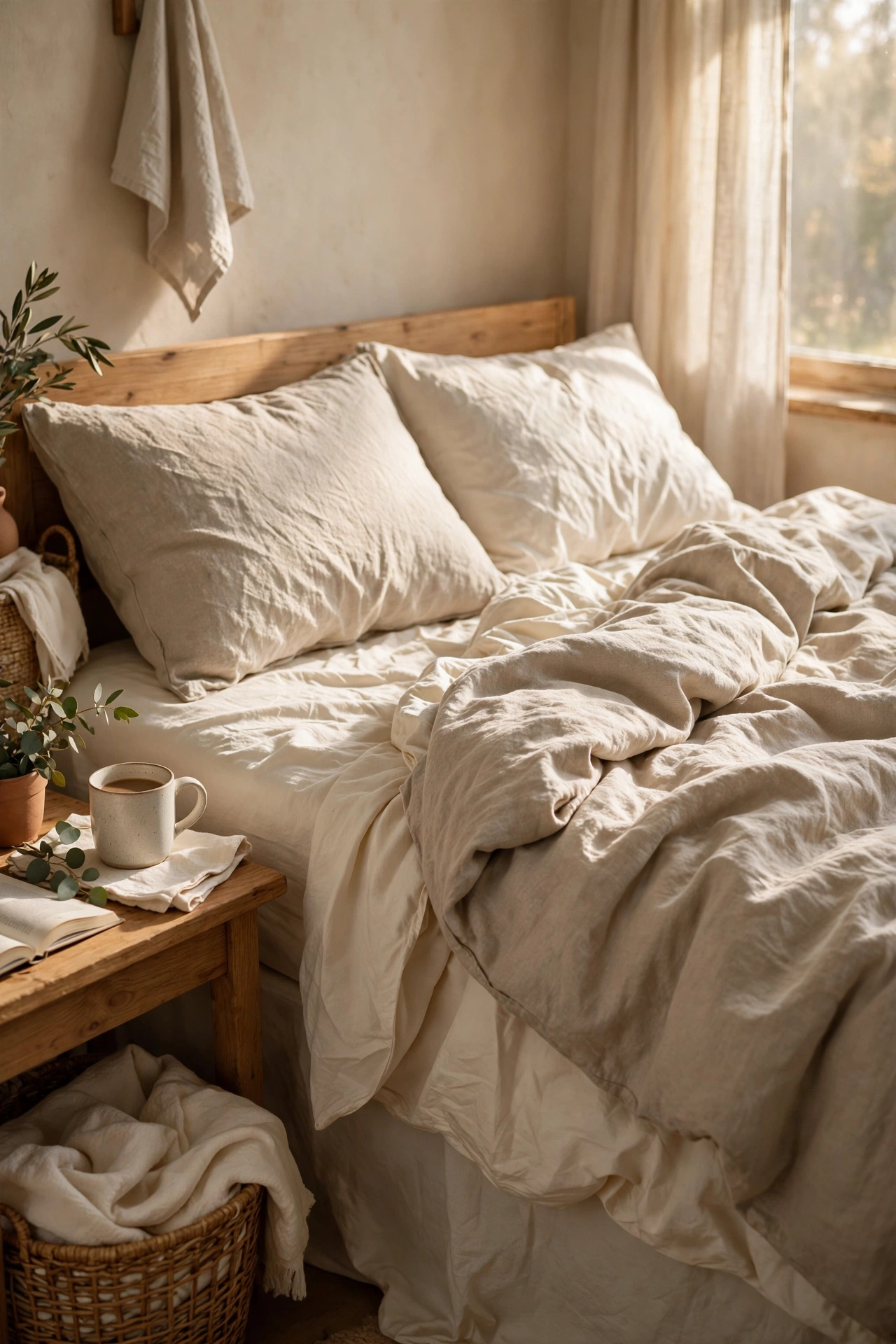 Bed with an oatmeal washed linen duvet cover and cream sheets