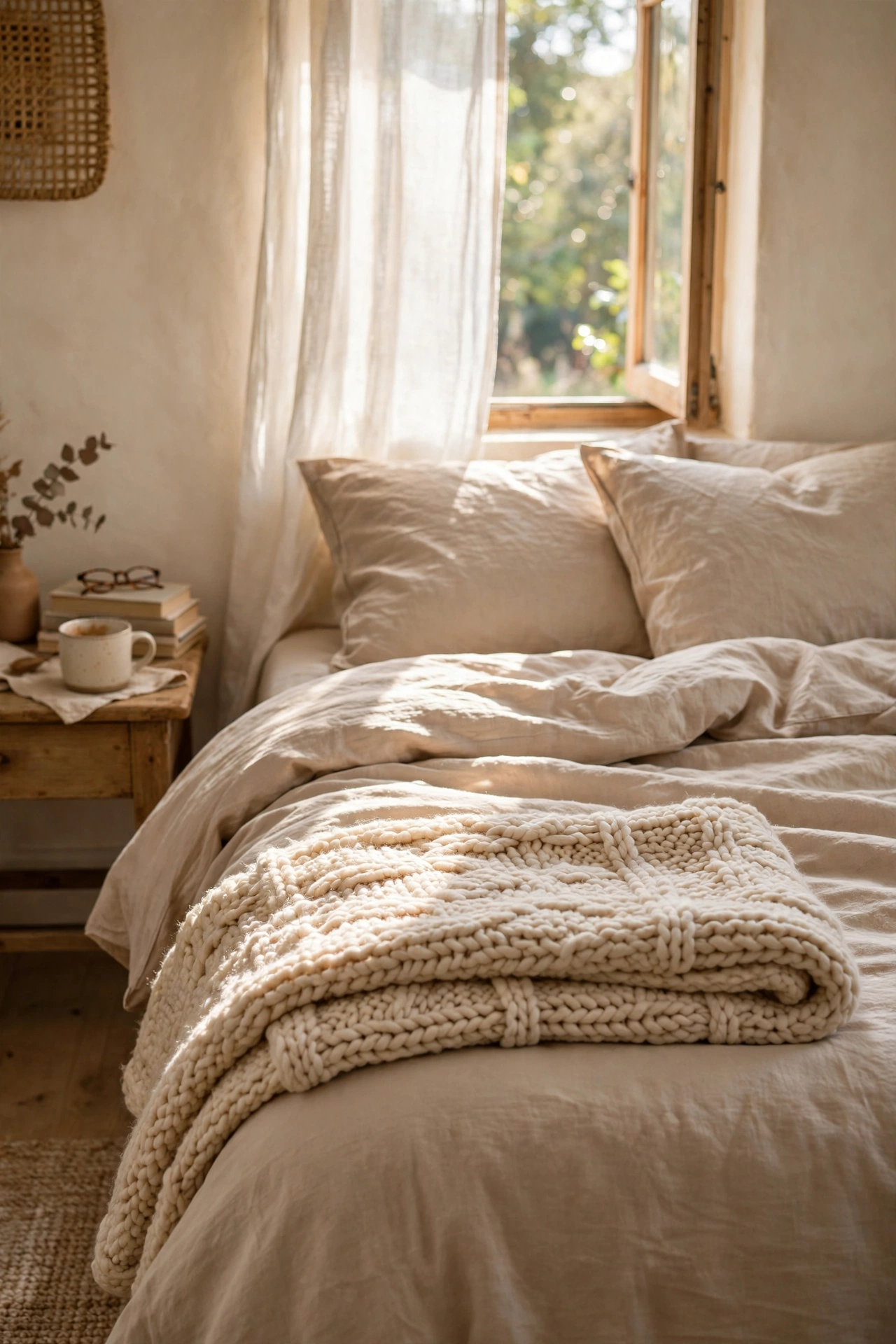 Chunky cream knit throw folded across a beige bed