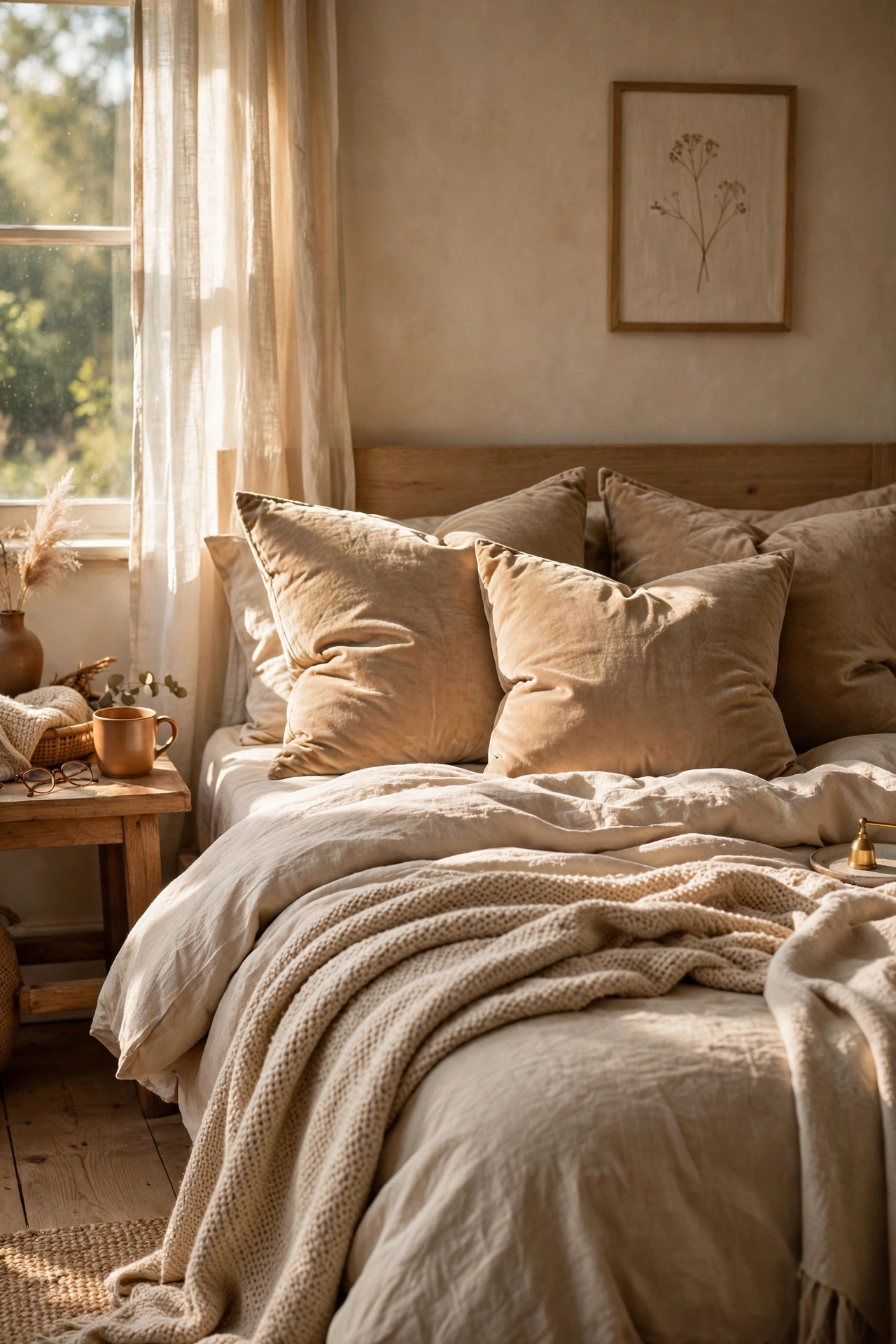 Beige velvet throw pillows on a layered beige bed