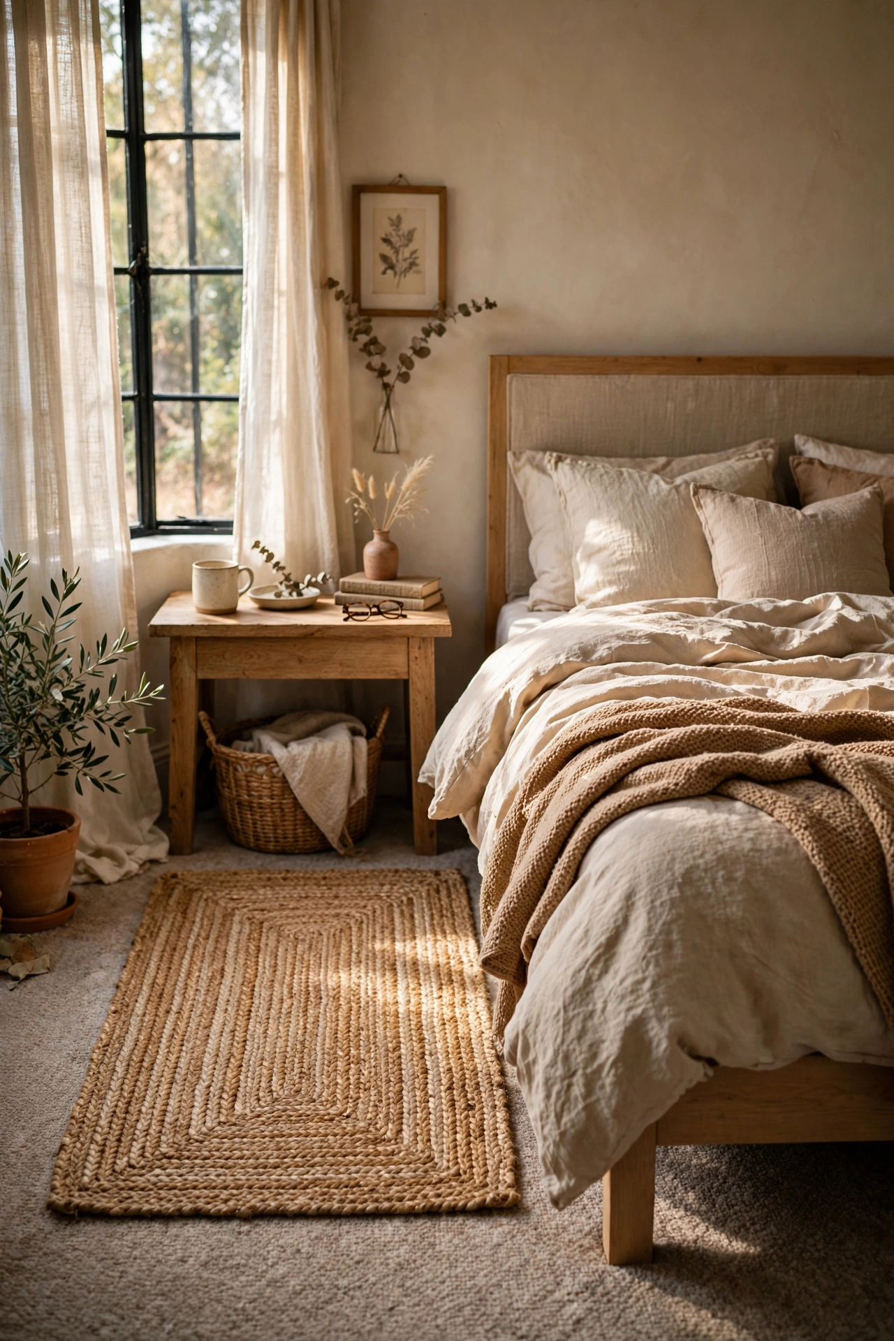 Small jute rug layered beside a bed on carpet