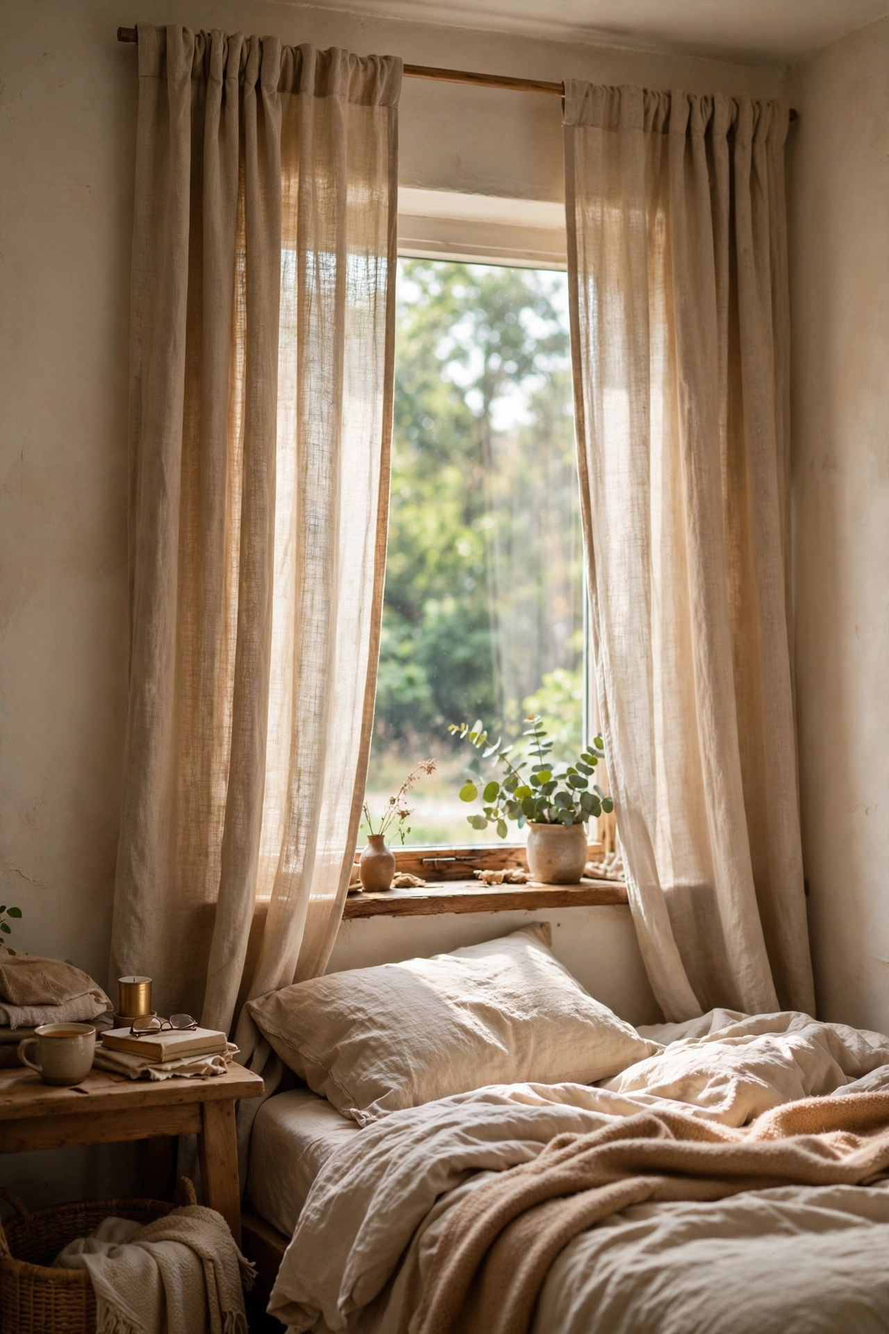 Beige linen-look curtain panels on a bedroom window