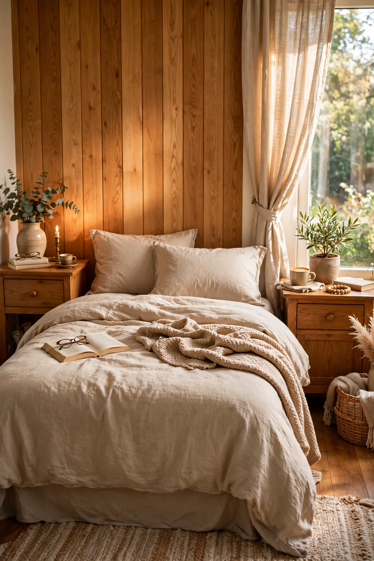 Pair of warm oak wooden nightstands beside a beige bed