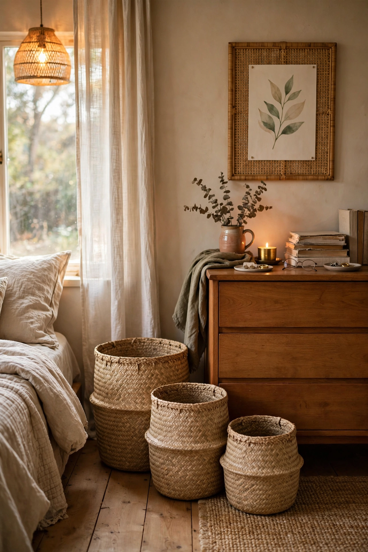 Graduated seagrass baskets for storage in a beige bedroom