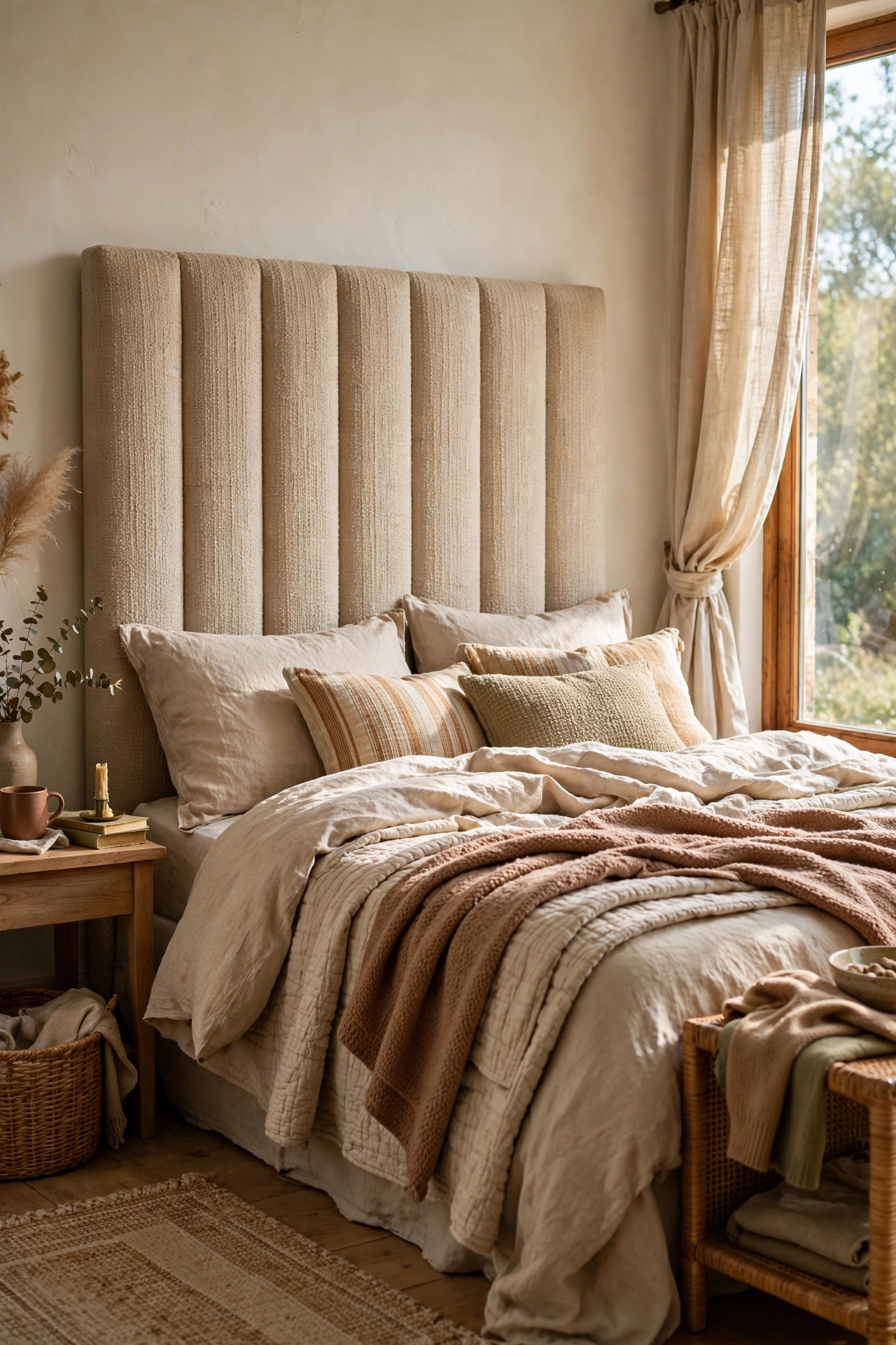 Beige upholstered headboard in nubby textured fabric