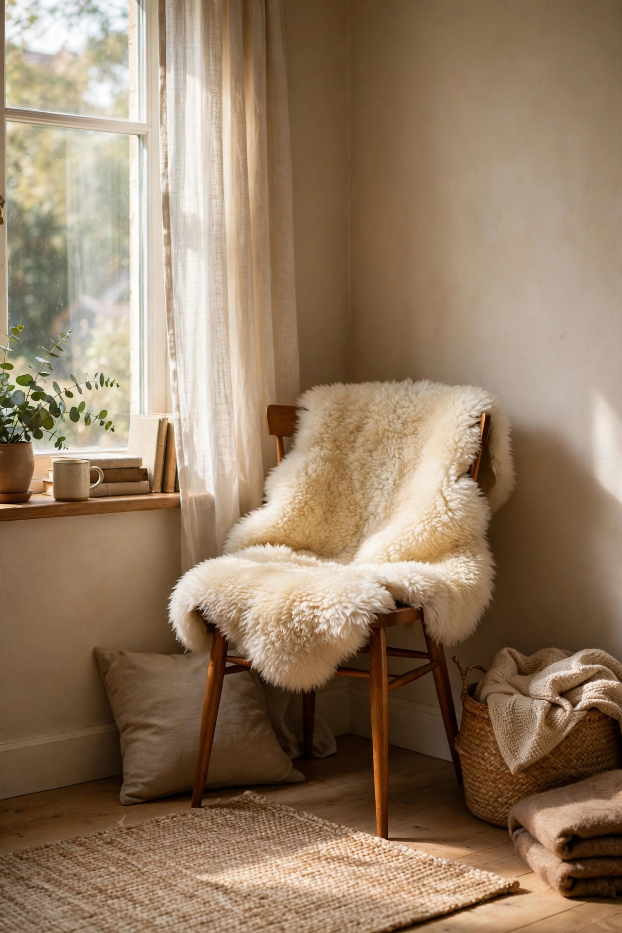 Faux sheepskin draped over a bedroom reading chair