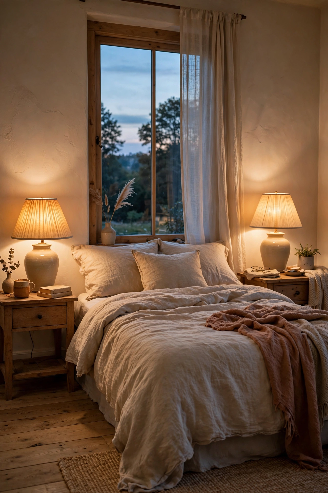 Pair of beige ceramic lamps with white shades on nightstands