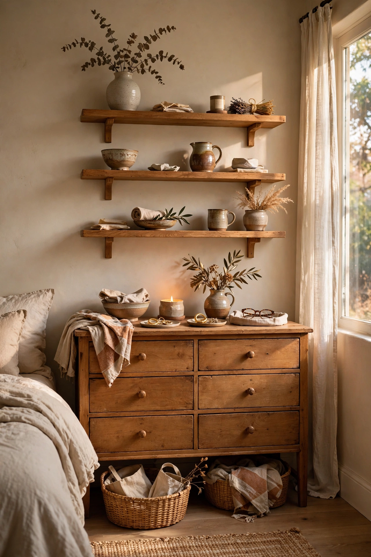 Natural wood floating shelves styled with cream ceramics above a dresser