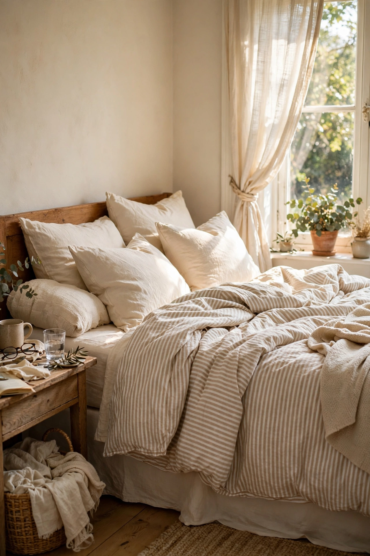 Bed with a beige and white thin-striped duvet cover