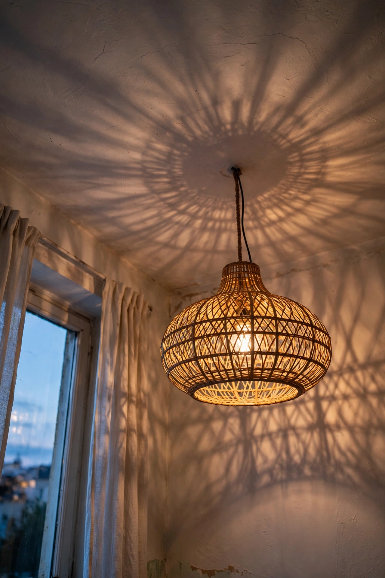Rattan pendant shade on a bedroom ceiling fixture