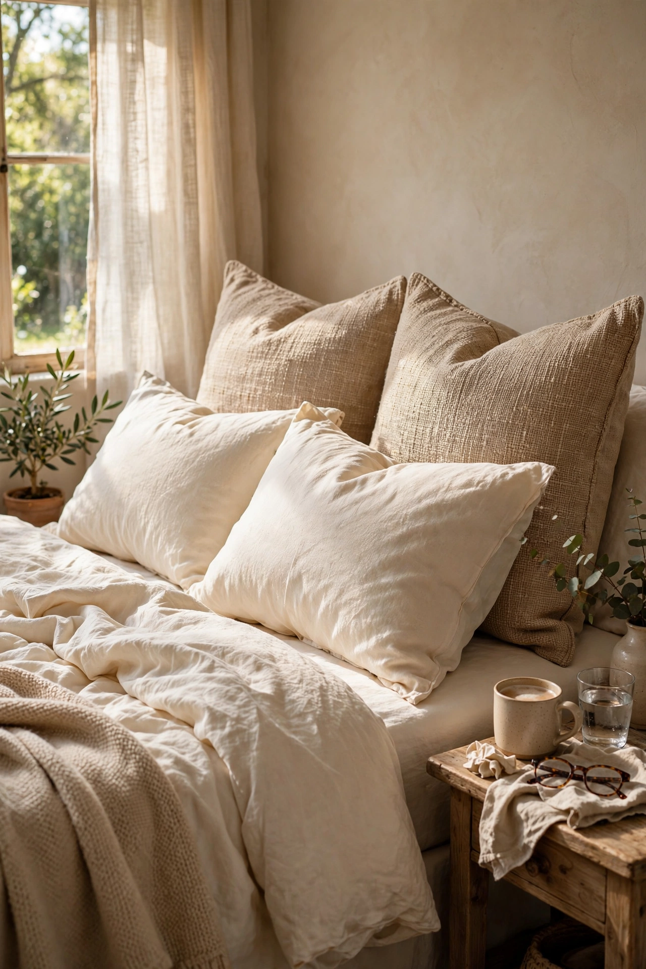 Textured beige euro shams behind pillows on a bed
