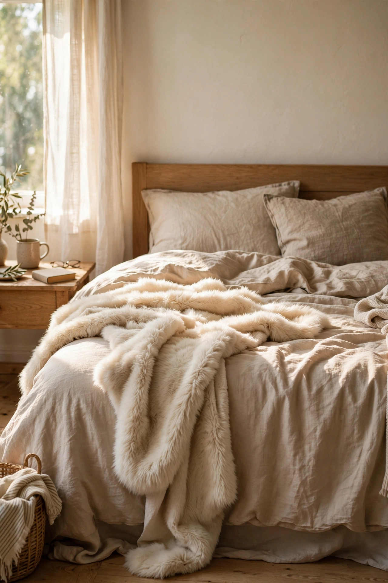 Cream faux fur throw draped at the foot of a beige bed