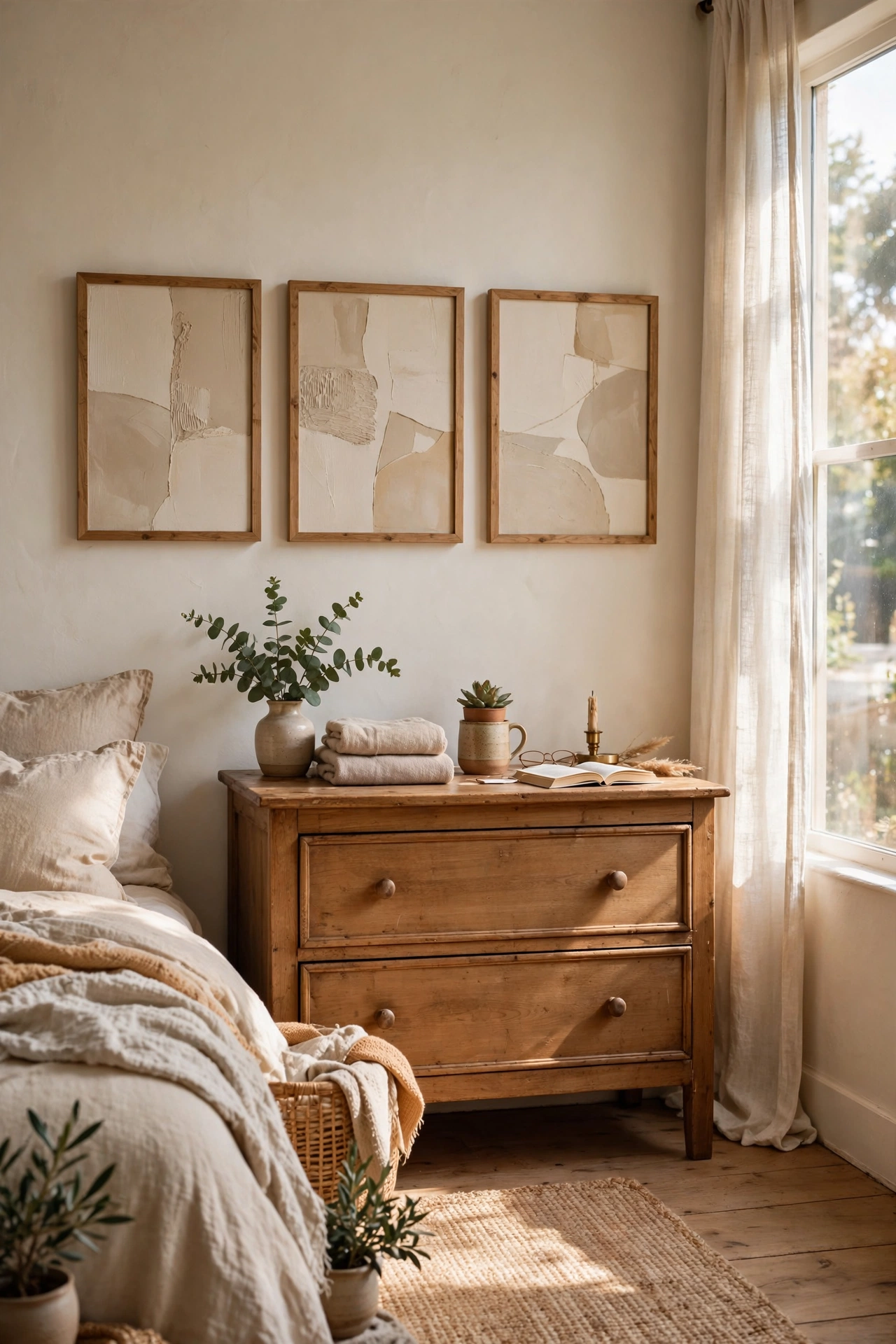 Beige abstract prints in natural wood frames over a dresser