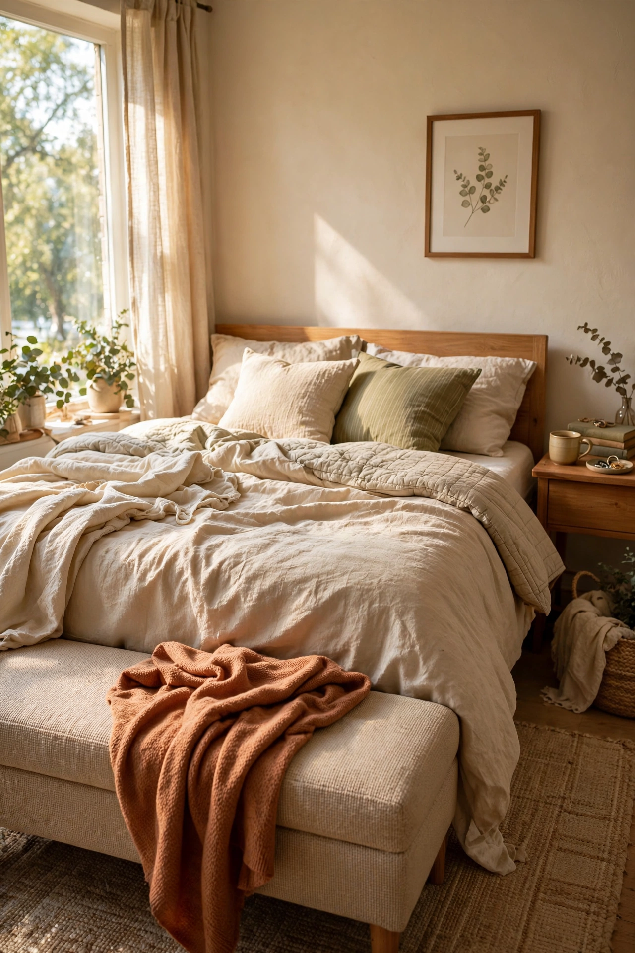 Beige nubby upholstered bench at the foot of a bed