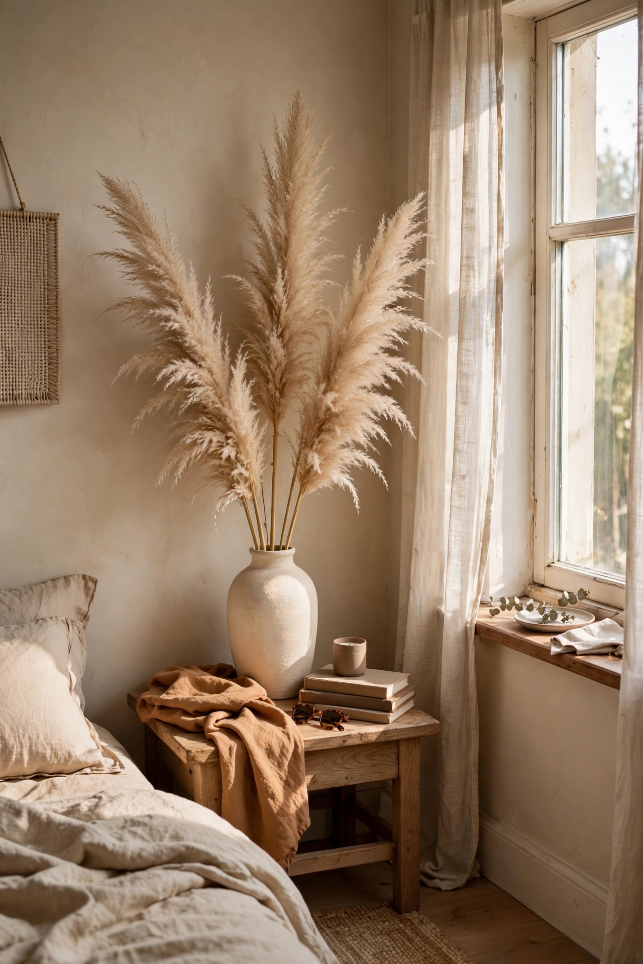 Dried pampas grass in a cream vase in a bedroom corner