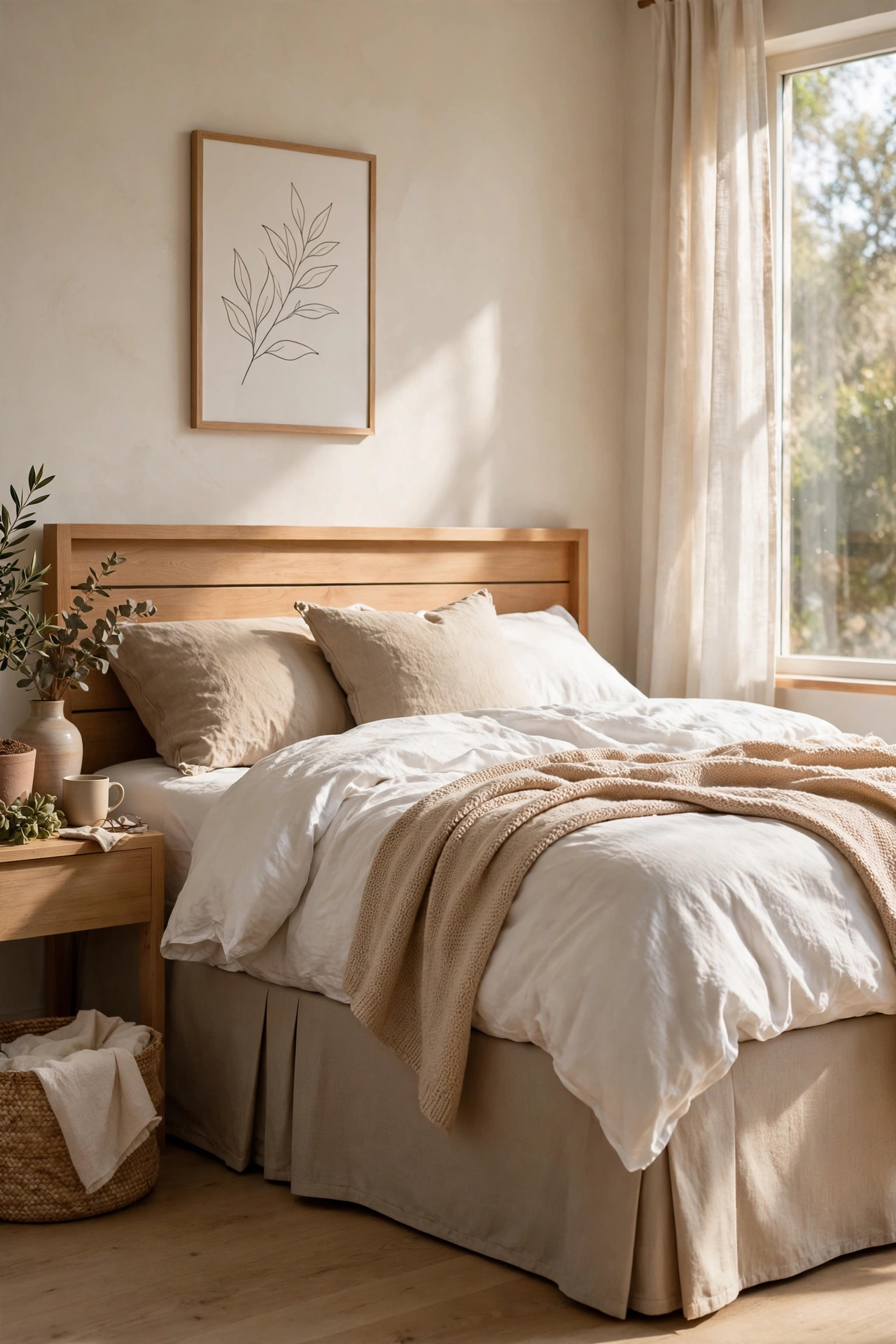 Tailored beige bed skirt hiding under-bed storage