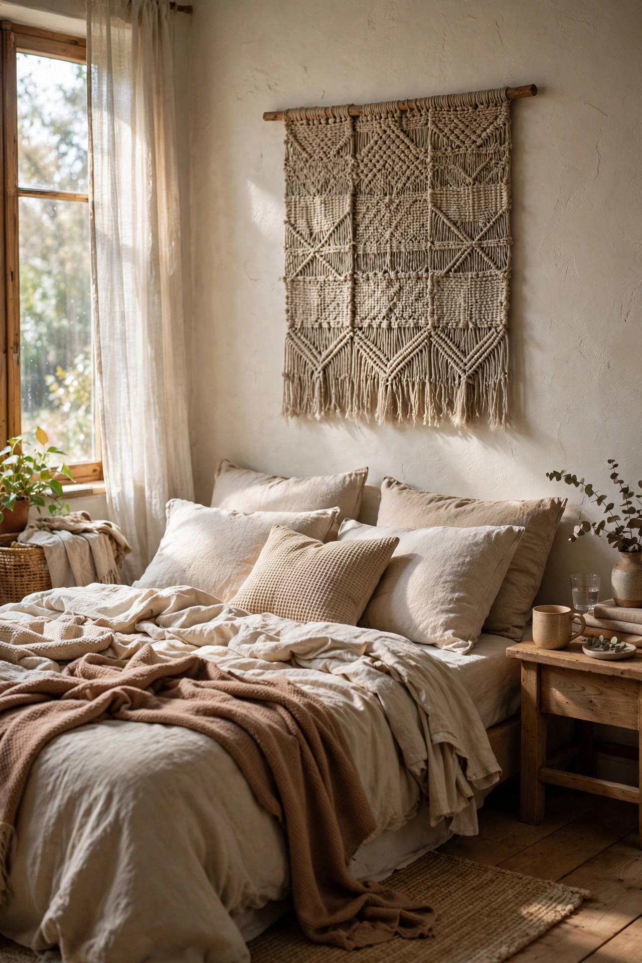 Woven wall hanging in beige and cream above a bed