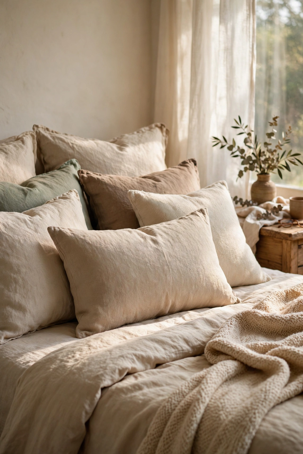 Beige linen lumbar pillow centered on a layered bed