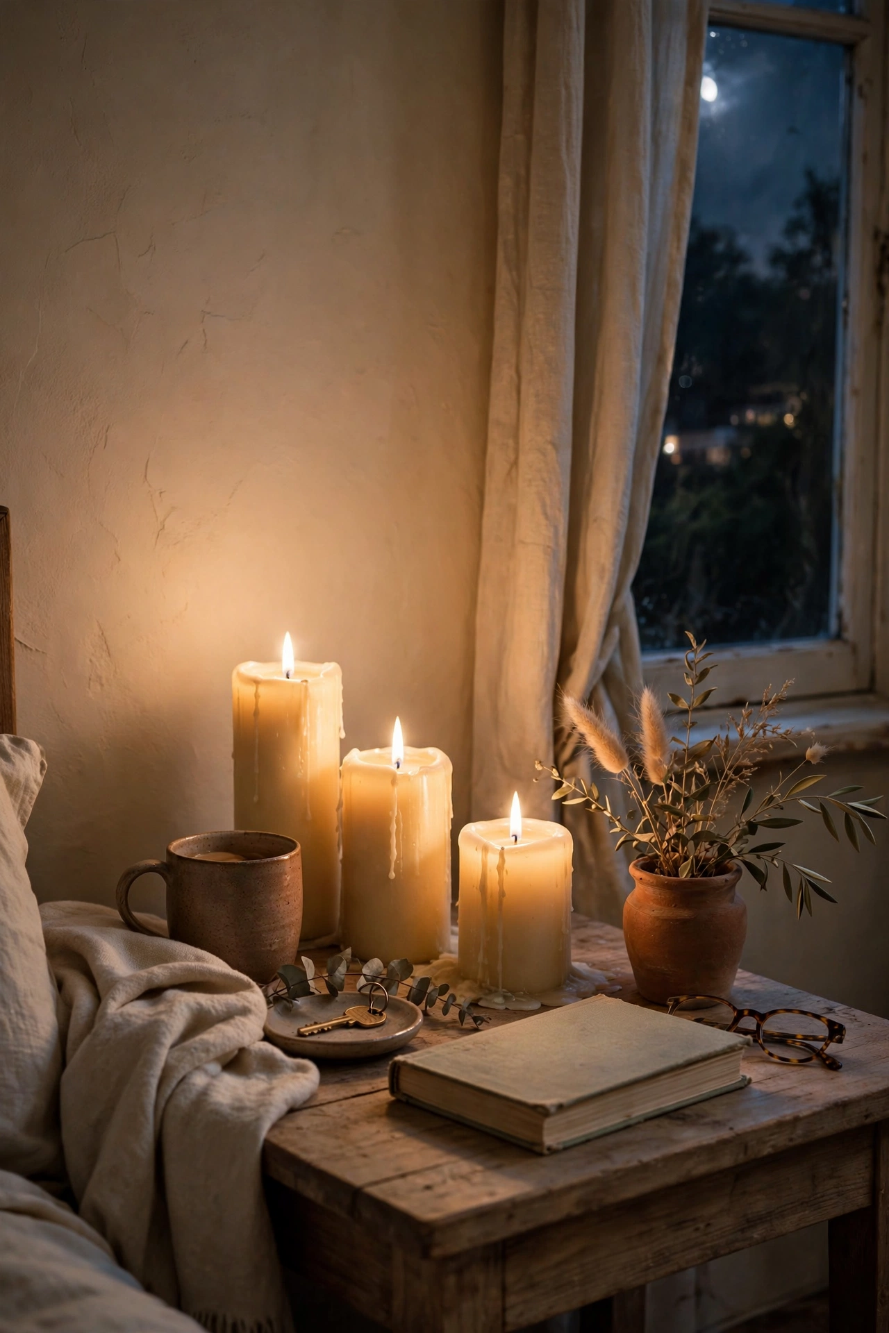 Cream pillar candles in varying heights on a nightstand