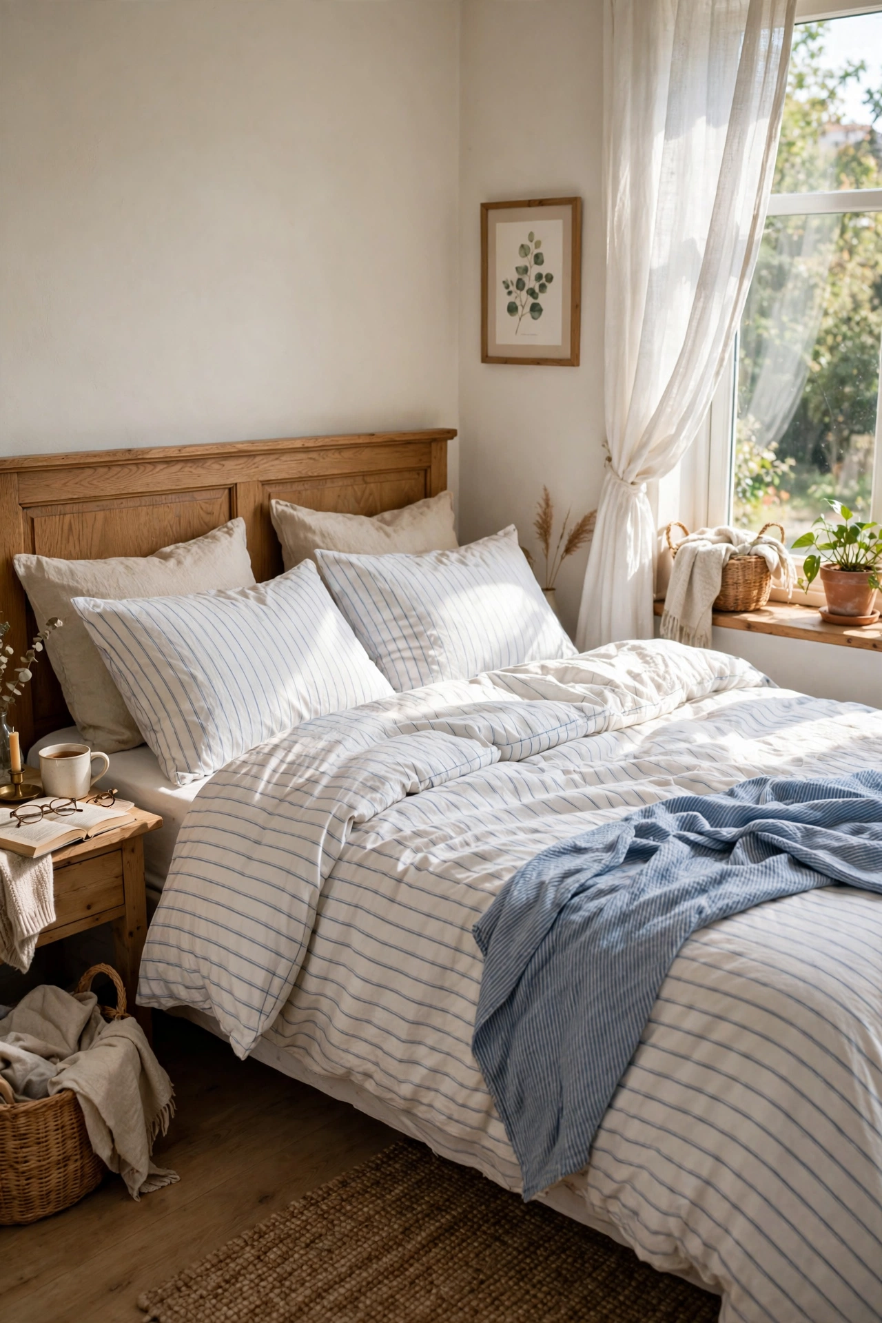 Bed with white bedding featuring a thin blue stripe