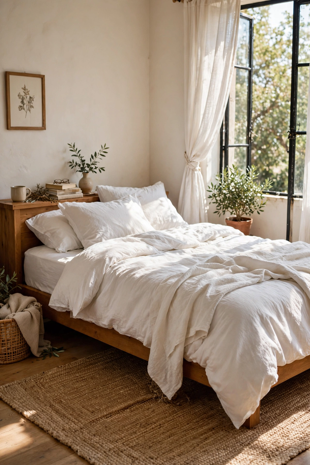 Natural jute area rug under a bed in a coastal bedroom