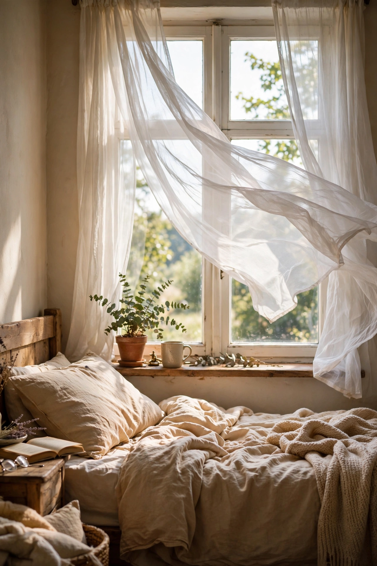 Sheer white curtain panels billowing on a bedroom window