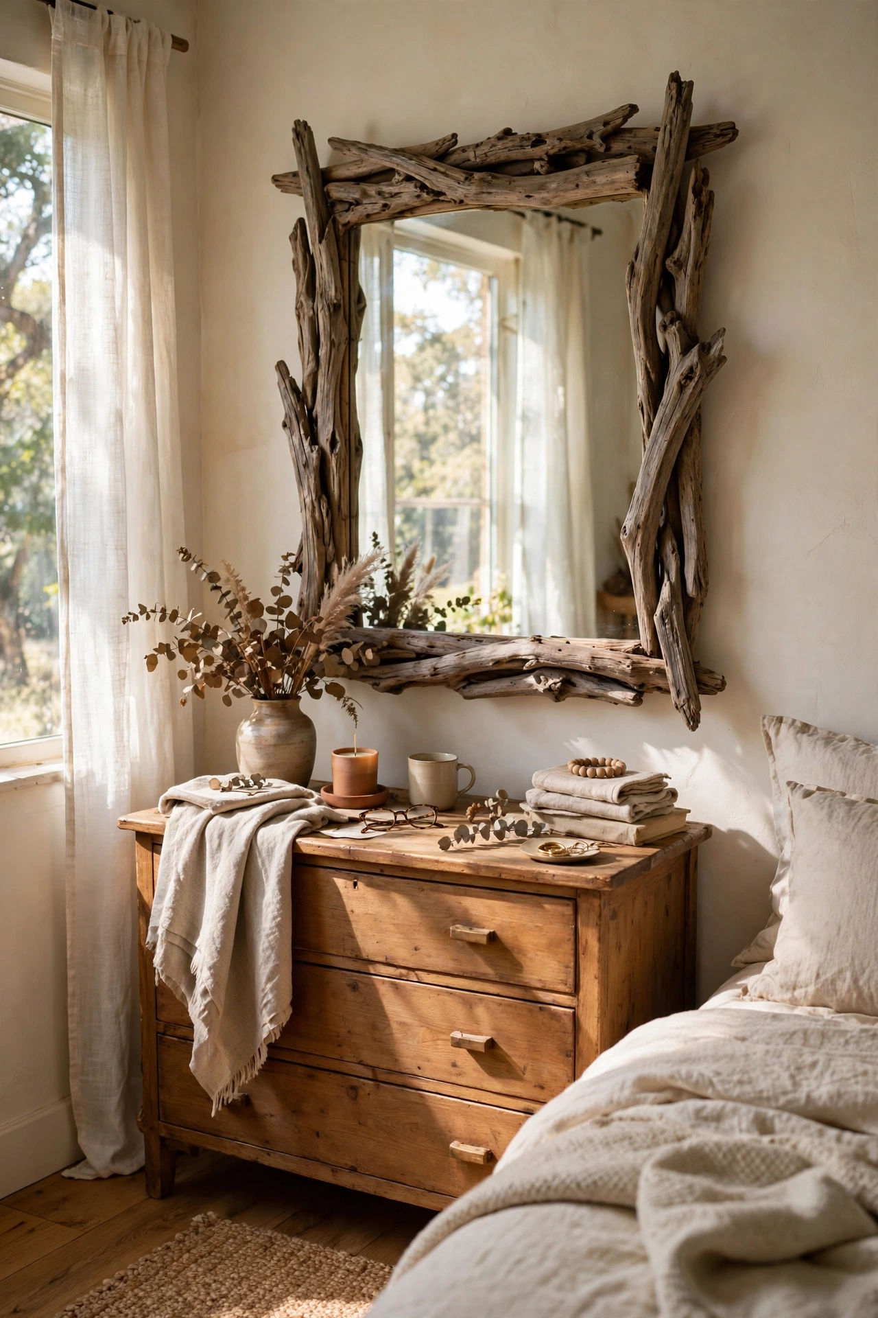 Mirror with a weathered driftwood-look frame over a dresser