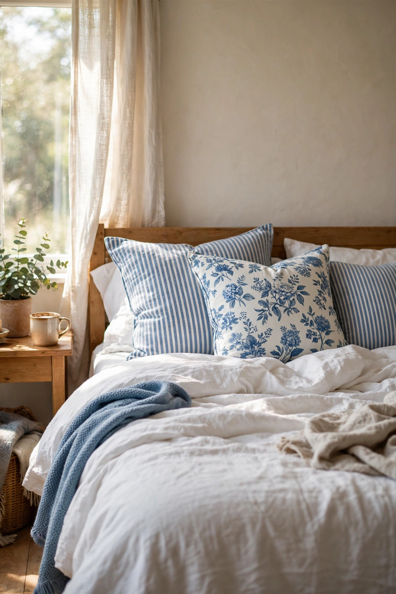 Bed with mixed blue and white patterned throw pillows