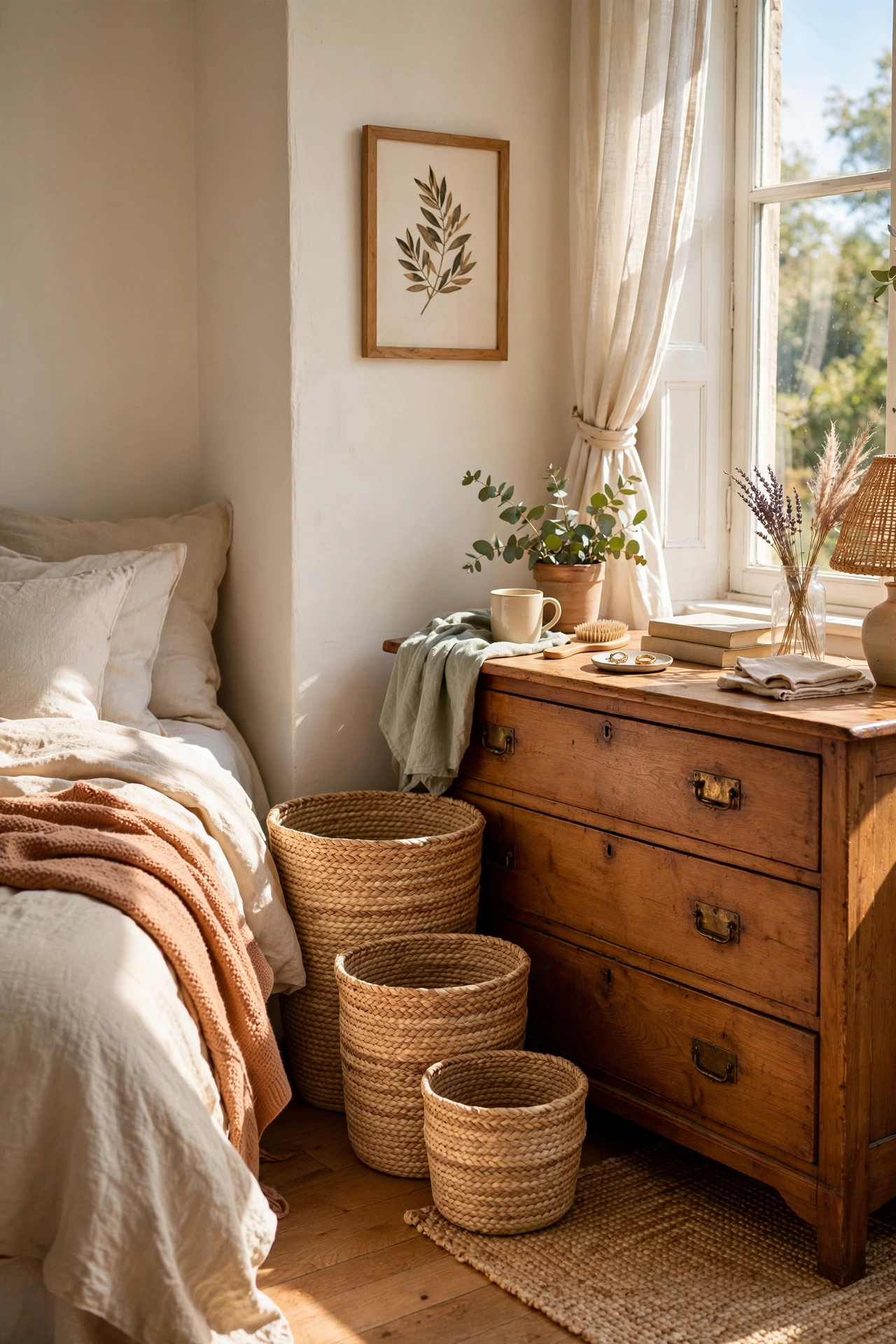 Graduated seagrass baskets in a coastal bedroom