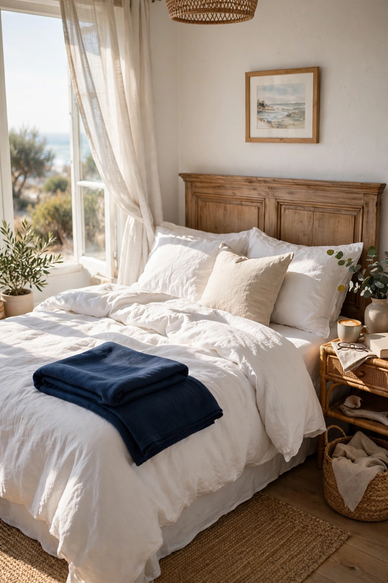 Navy knit throw folded across a white coastal bed