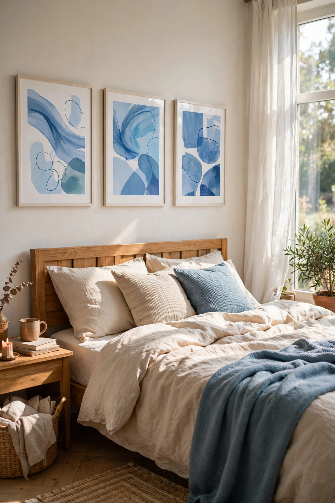 Abstract blue wave prints in white frames above a bed