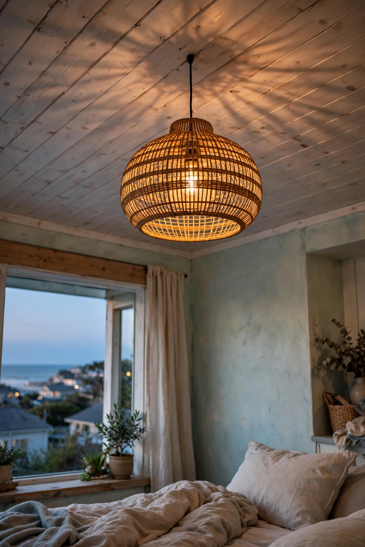 Rattan pendant light on a coastal bedroom ceiling