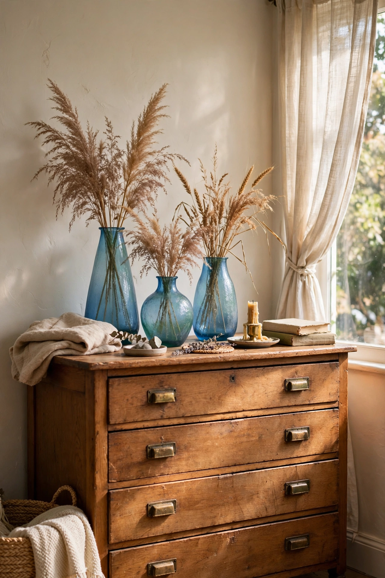 Three sea-glass blue vases in varying heights on a dresser
