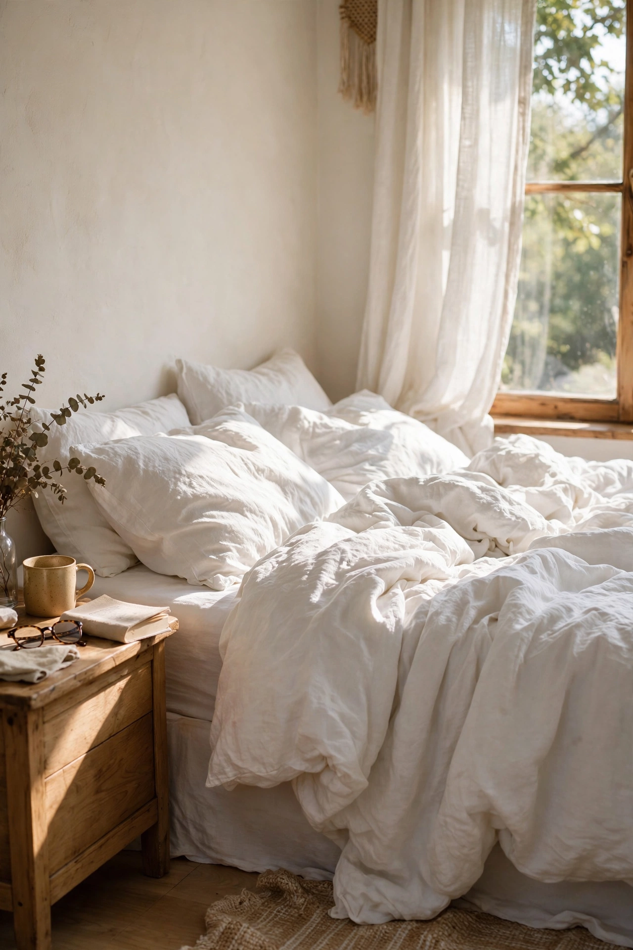 Bed with a white washed linen duvet cover, naturally rumpled