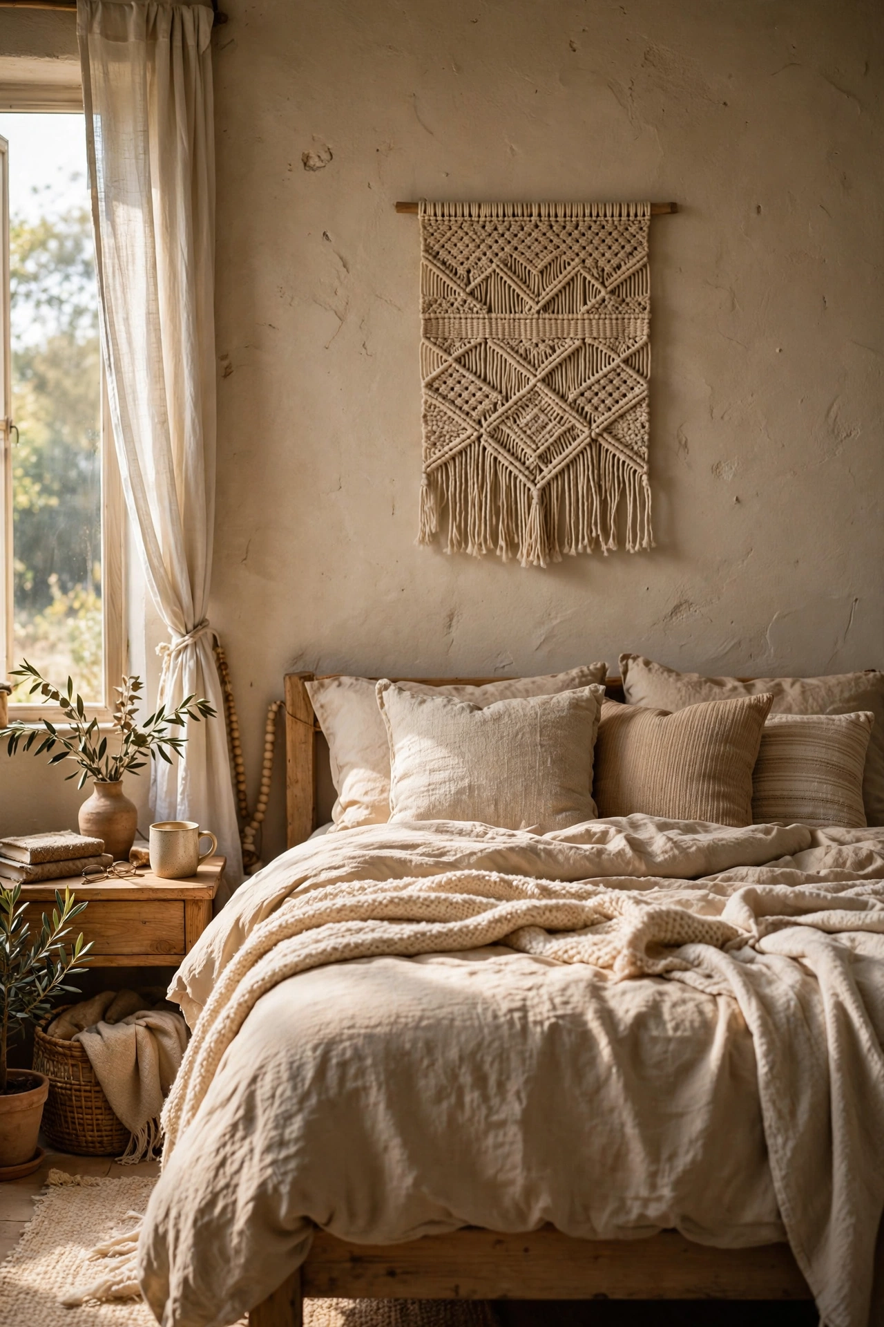 Woven wall hanging in whites and sand above a bed