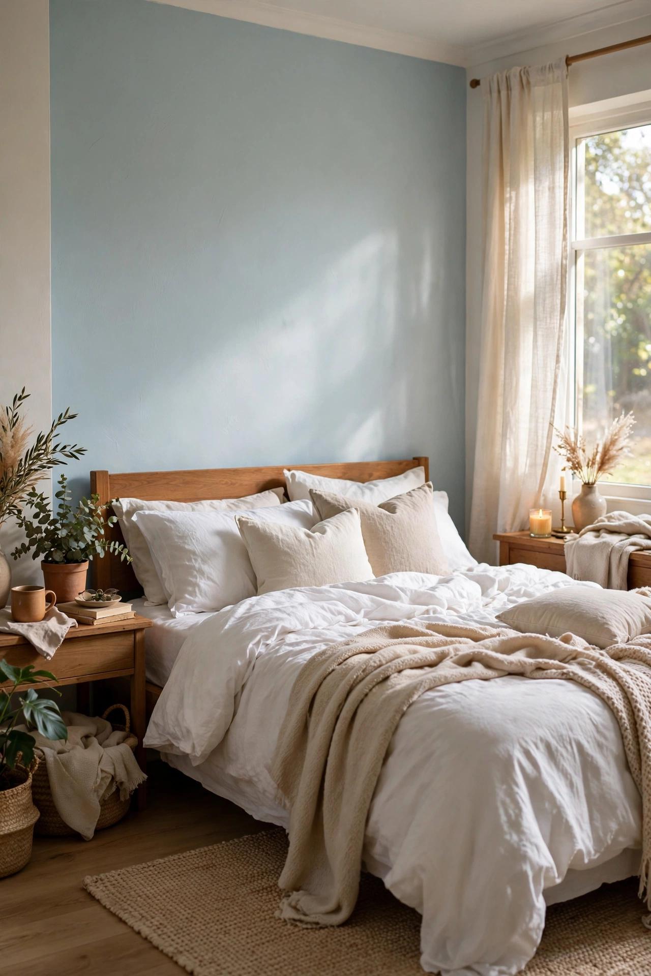 Bedroom with one pale blue accent wall behind the bed