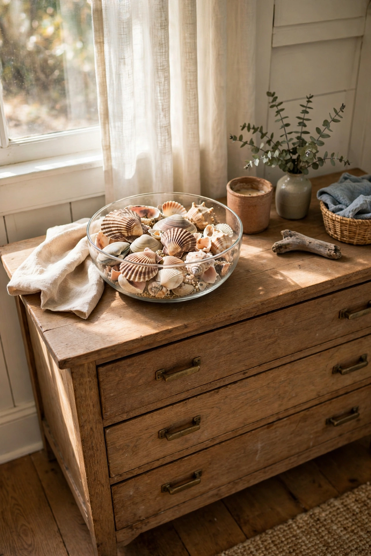 Glass bowl with collected seashells on a dresser