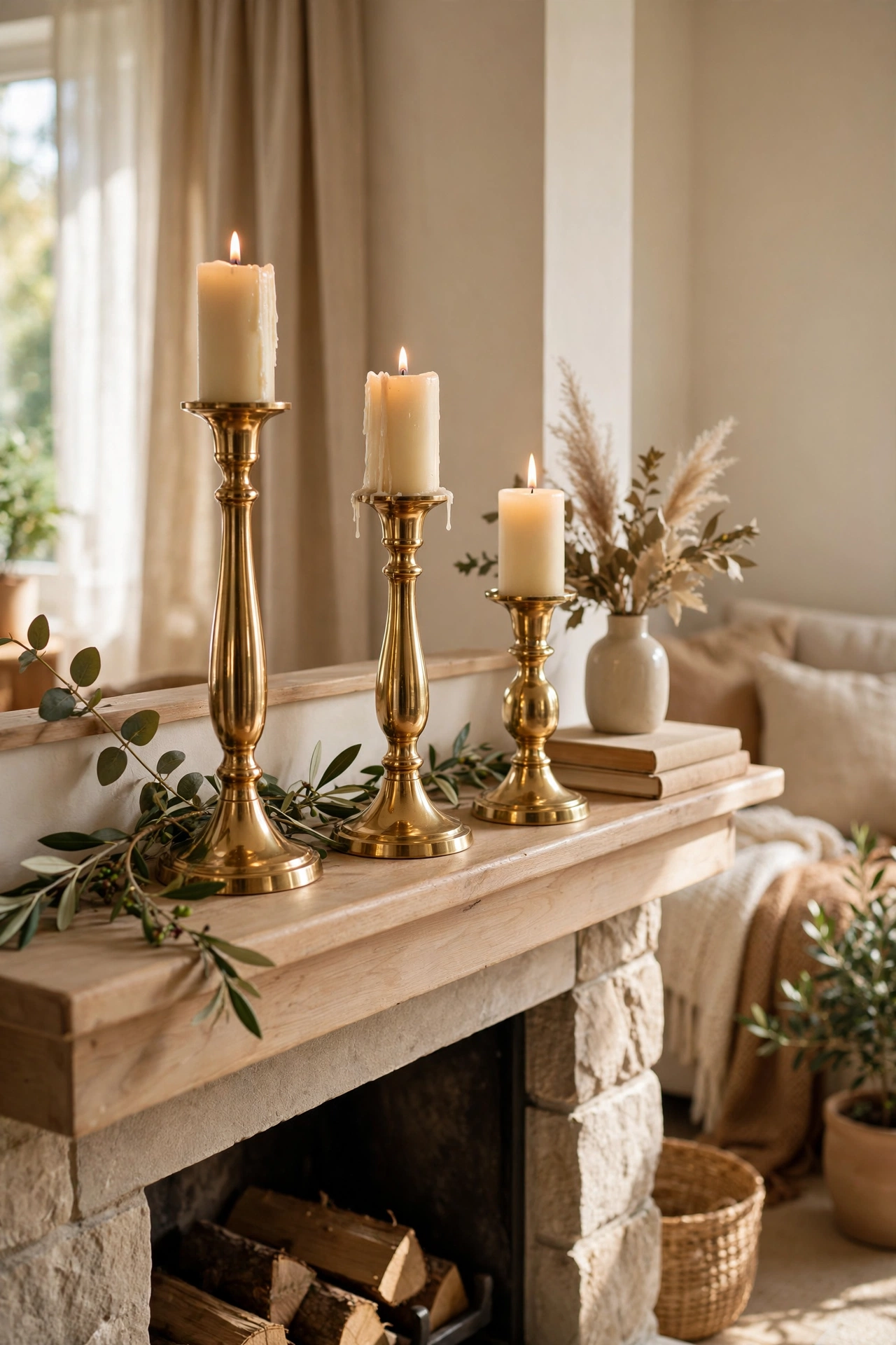 Thrifted living room decor with a trio of polished brass candlesticks on a mantel