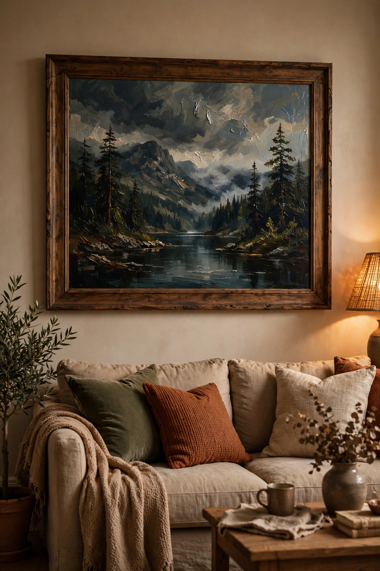 Original thrifted oil landscape painting in a wood frame above a living room sofa