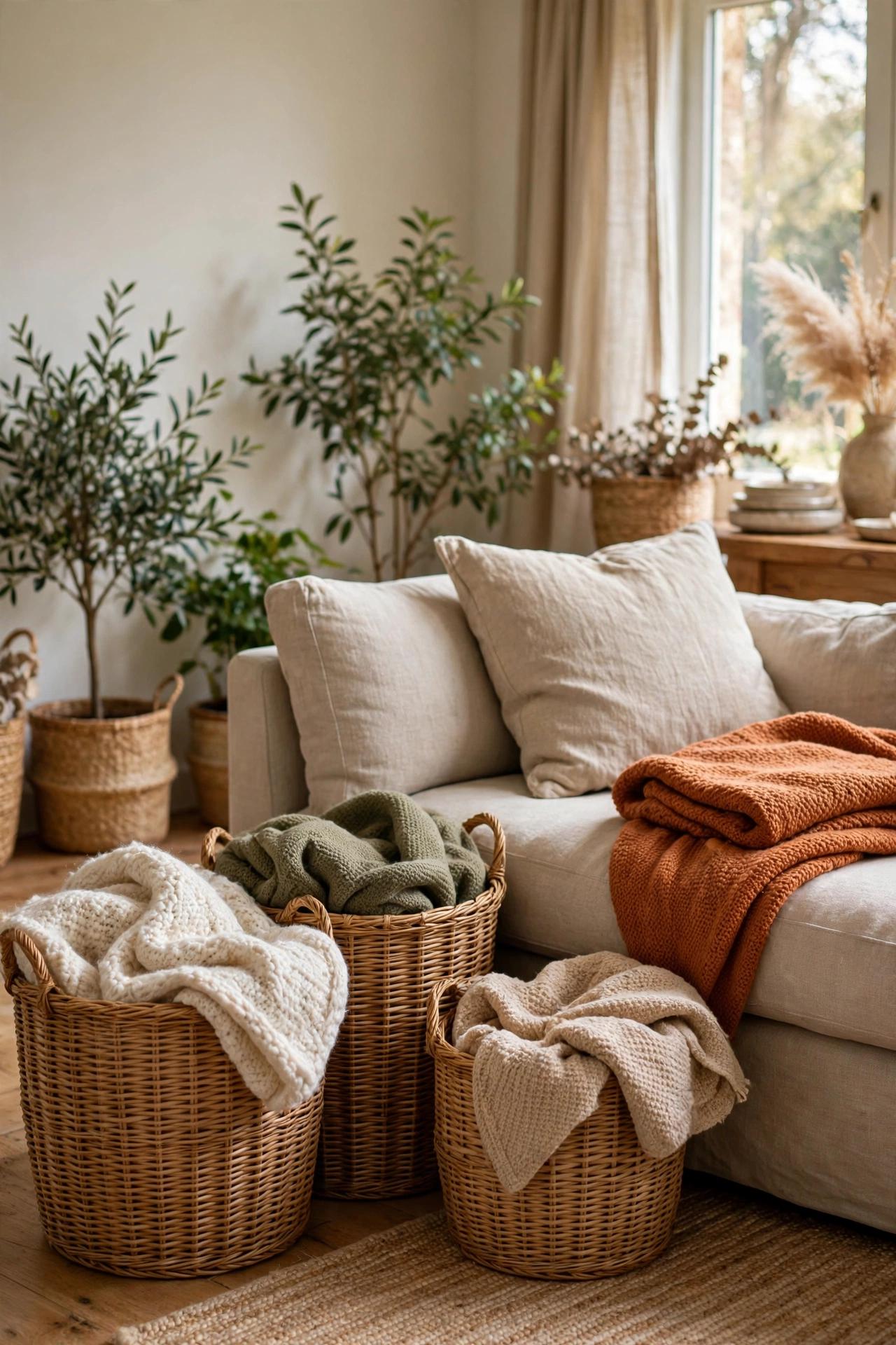 Thrifted rattan baskets used for throw blanket storage in a living room