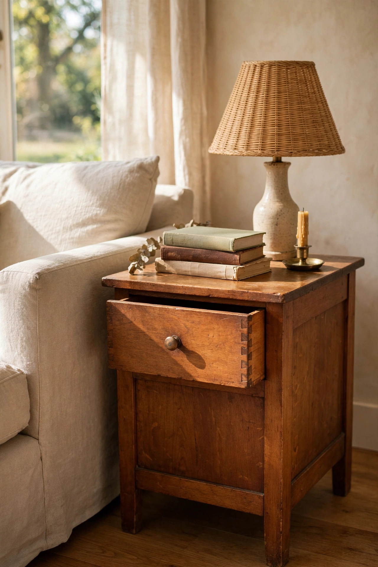 Solid wood thrifted side table styled beside a sofa in a living room