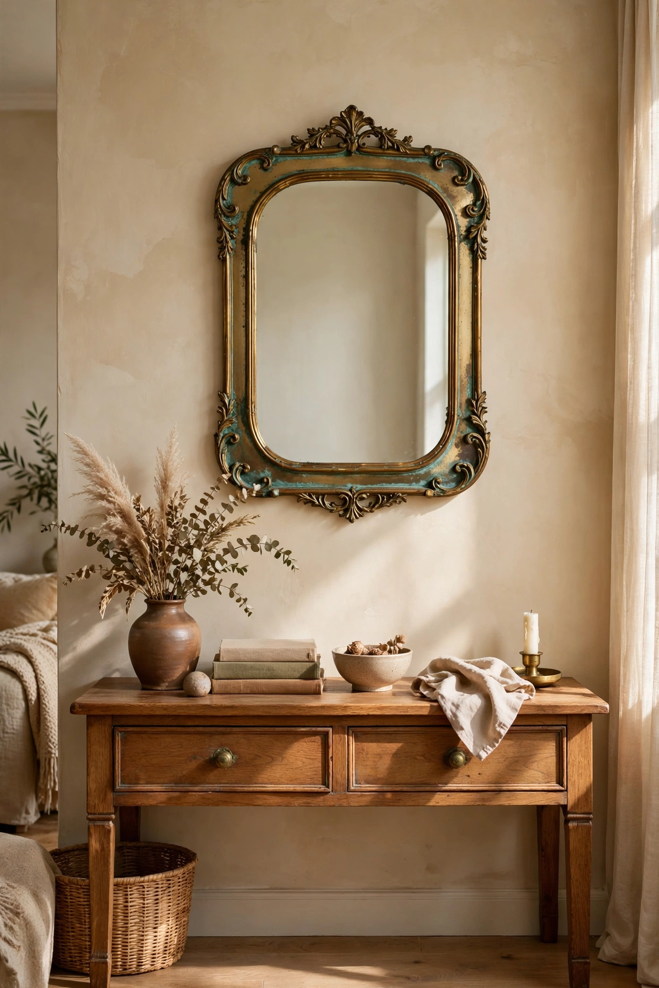 Vintage brass framed mirror thrifted and hung above a living room console