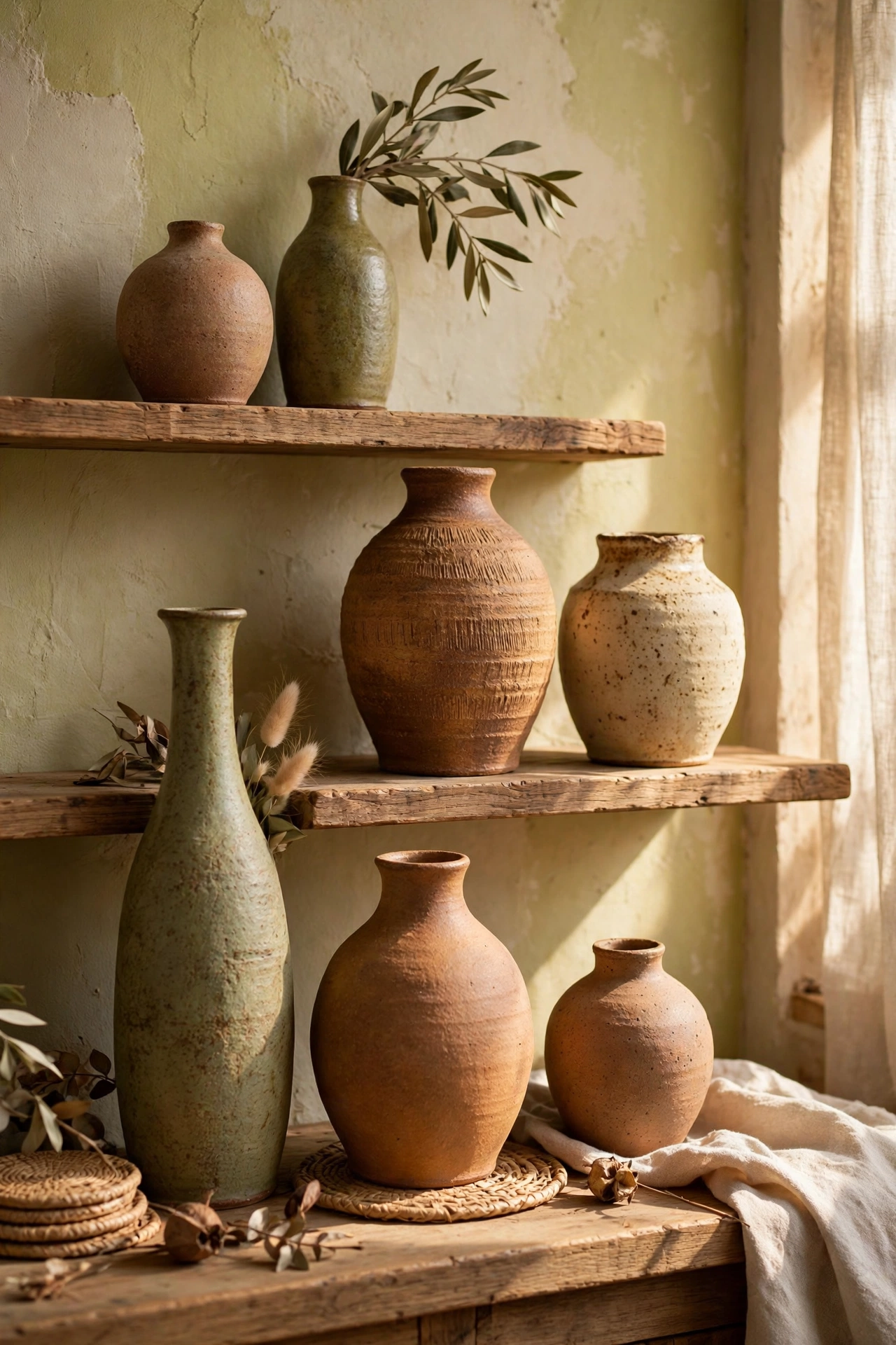 Collection of handmade thrifted ceramic vases on a living room shelf