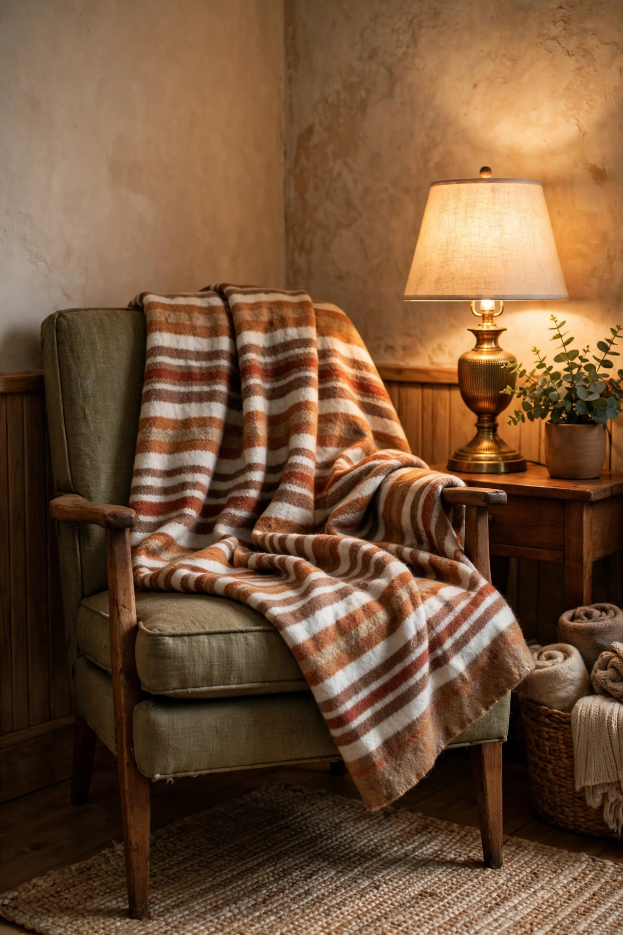 Vintage wool striped throw blanket thrifted on a reading chair
